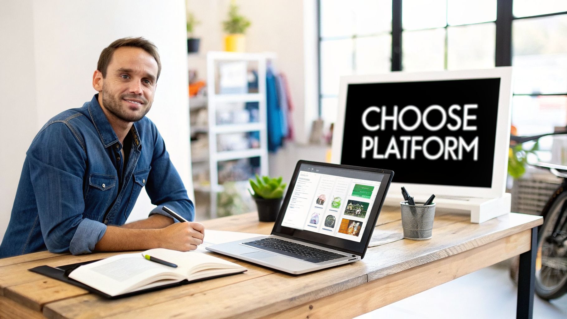 A smiling man works at a desk with a laptop and a monitor displaying "CHOOSE PLATFORM".
