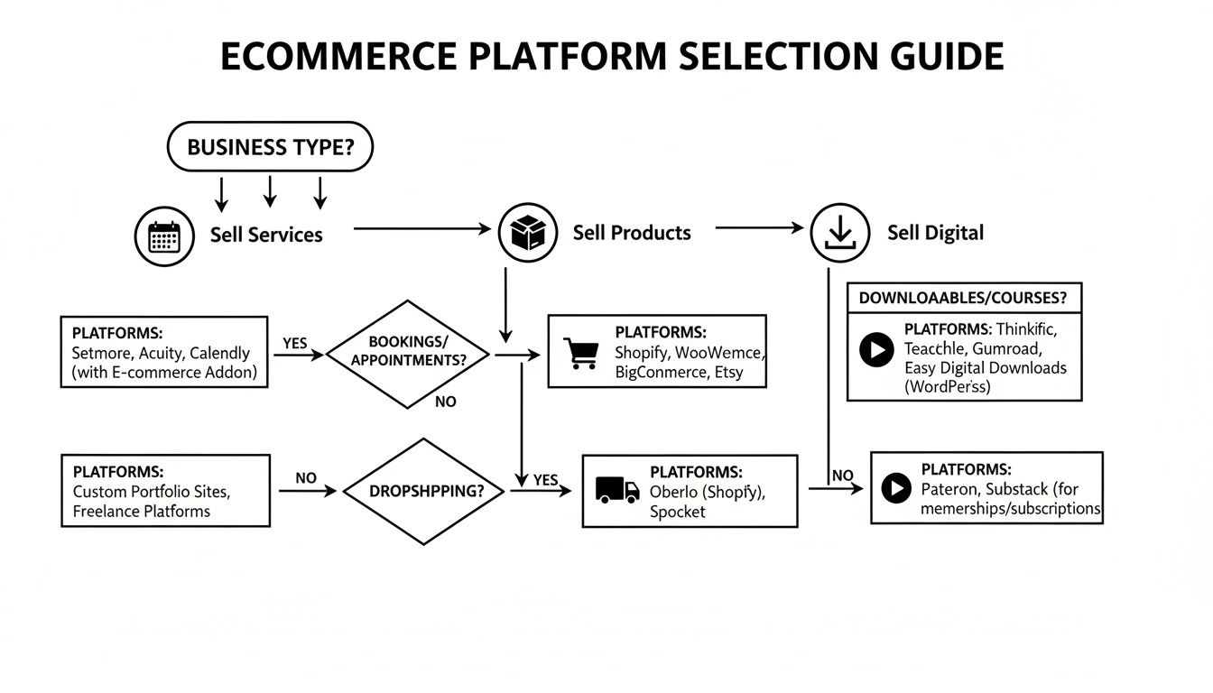 Flowchart guiding selection of e-commerce platforms based on business type, products, services, and digital offerings.