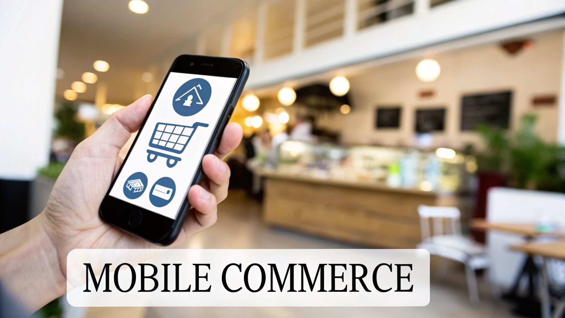 A person holds a smartphone displaying e-commerce icons like a shopping cart and credit card, representing mobile commerce.