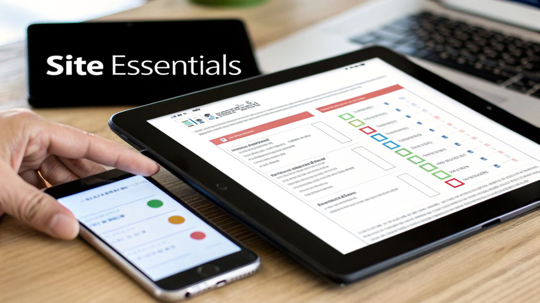 A hand interacts with a smartphone, a tablet shows a checklist, and a screen displays 'Site Essentials'.
