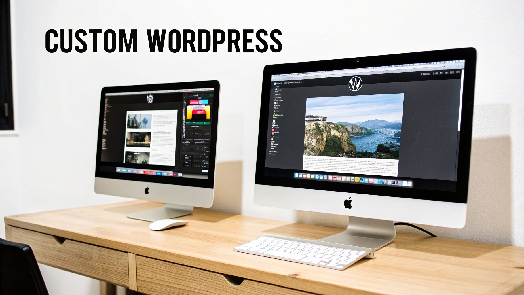 Two Apple iMac computers displaying WordPress interfaces on a light wooden desk with 'CUSTOM WORDPRESS' text.