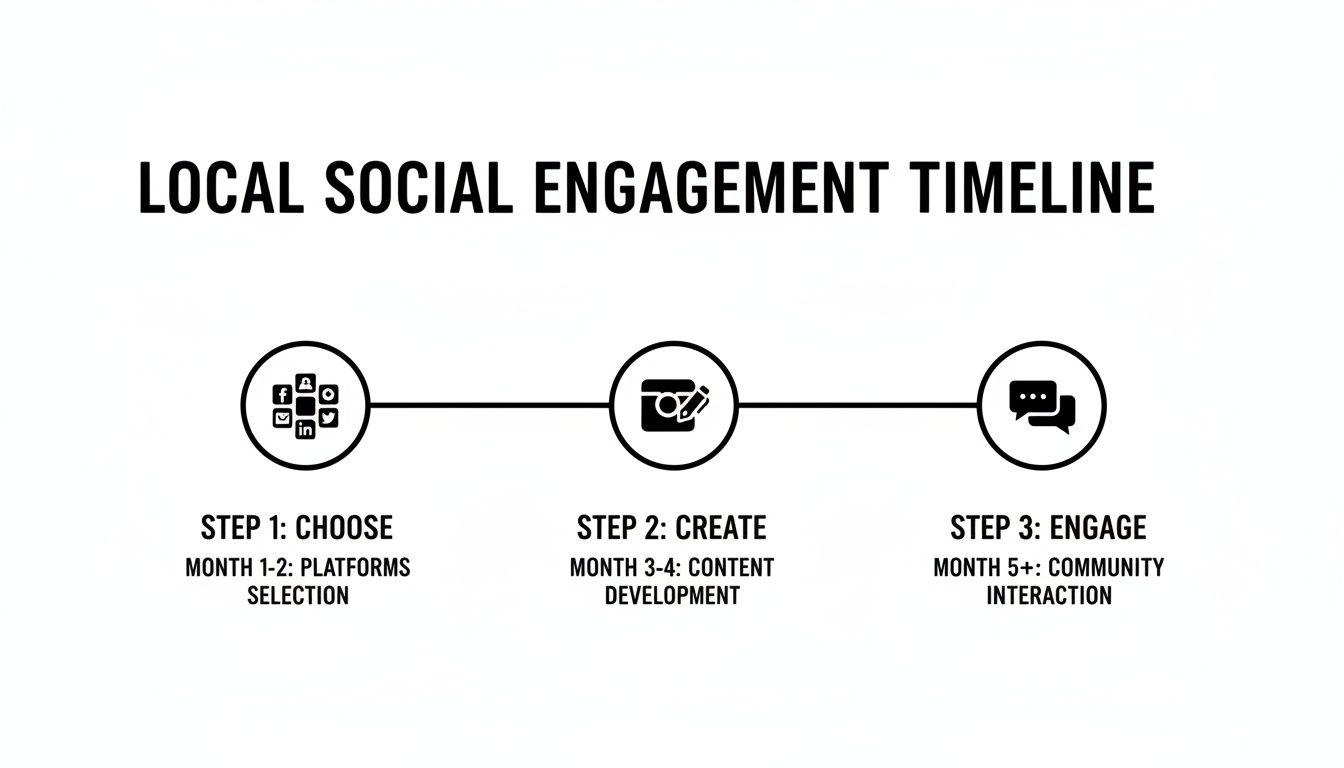 Timeline outlining local social engagement steps: platform selection, content creation, and community interaction.