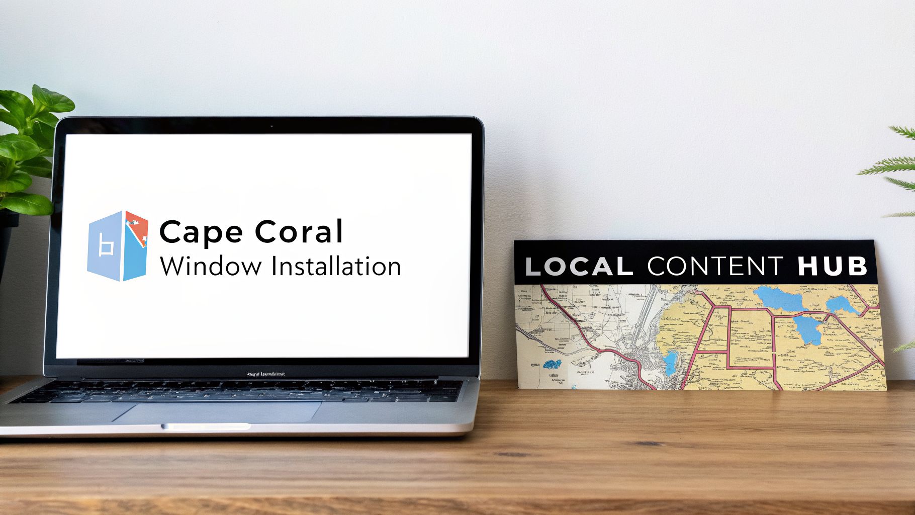 A laptop displays 'Cape Coral Window Installation' next to a 'LOCAL CONTENT HUB' sign with a map, on a wooden desk.