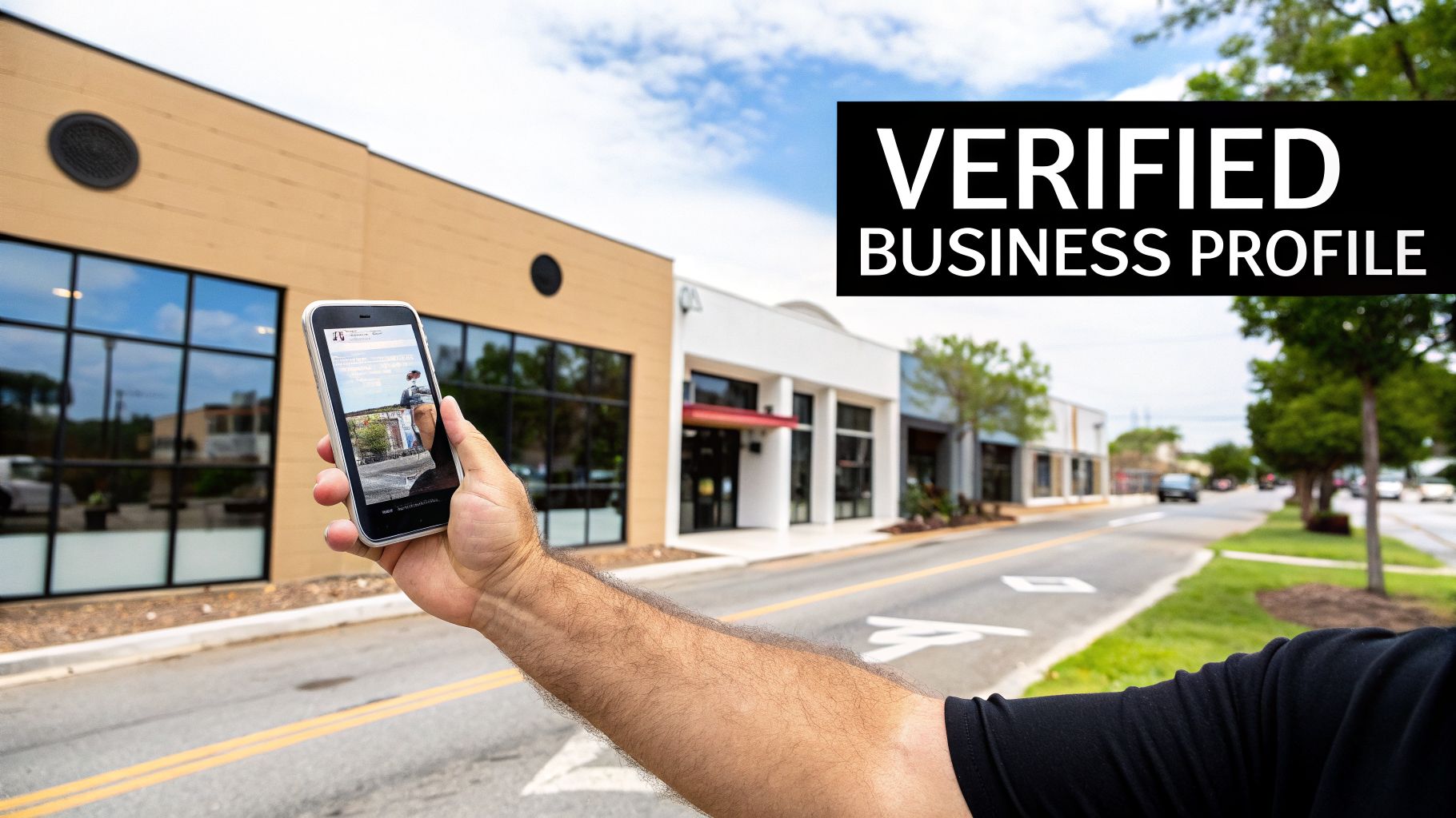 A hand holds a smartphone displaying a business profile against a backdrop of modern storefronts, with 'VERIFIED BUSINESS PROFILE' overlay.