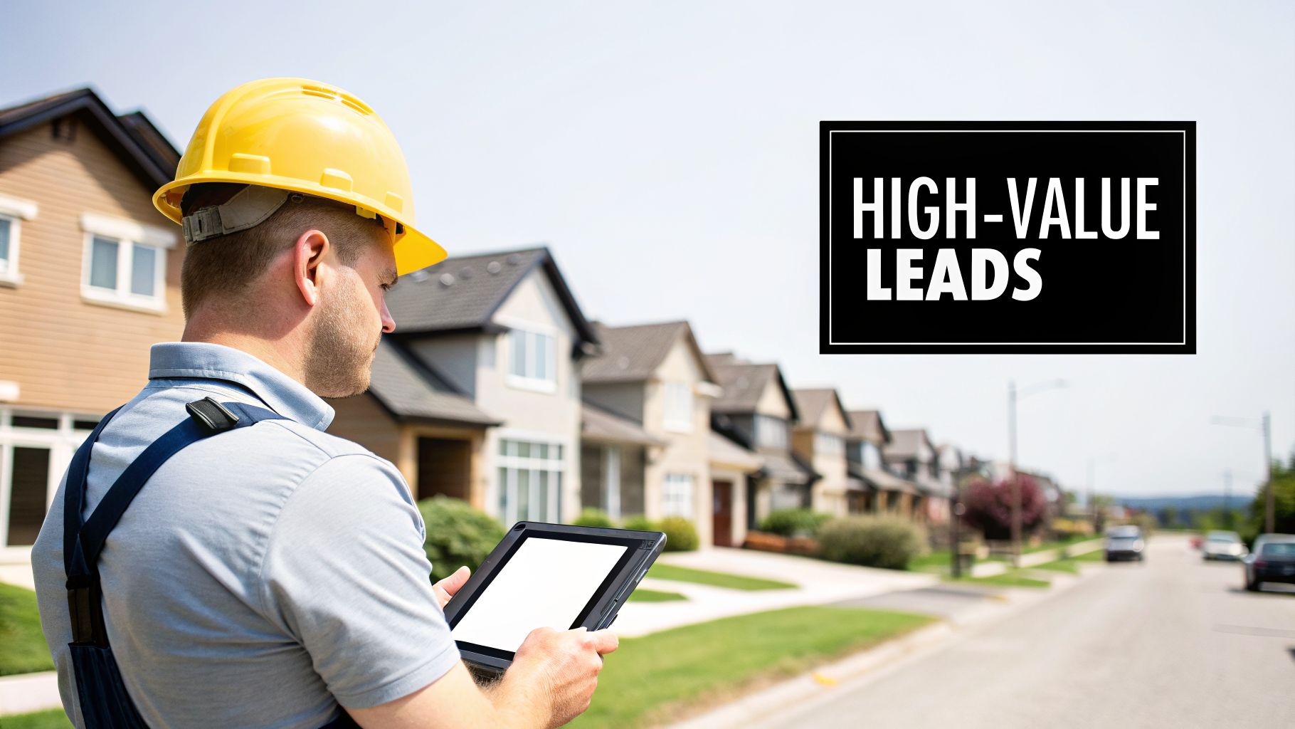 A contractor in a yellow hard hat and overalls views a tablet, with "HIGH-VALUE LEADS" text in the corner.