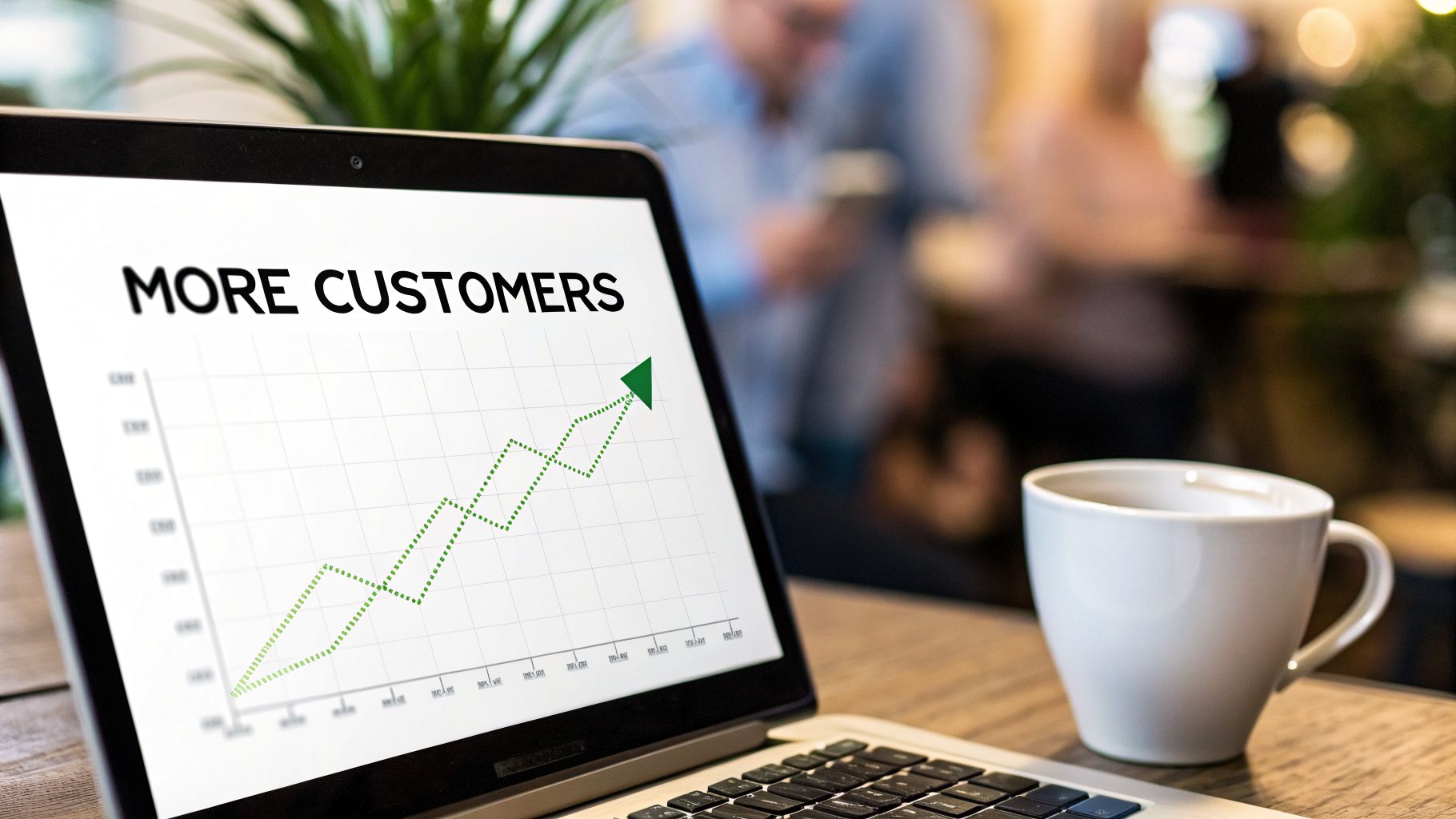 Laptop screen shows a rising graph labeled 'MORE CUSTOMERS' next to a coffee mug.