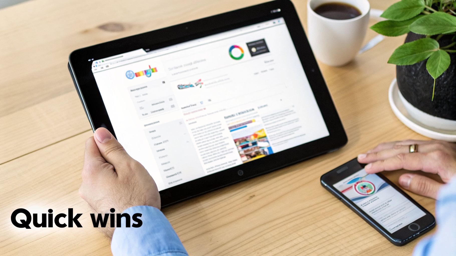 Hands interact with a tablet and smartphone on a wooden desk, surrounded by coffee and a plant.