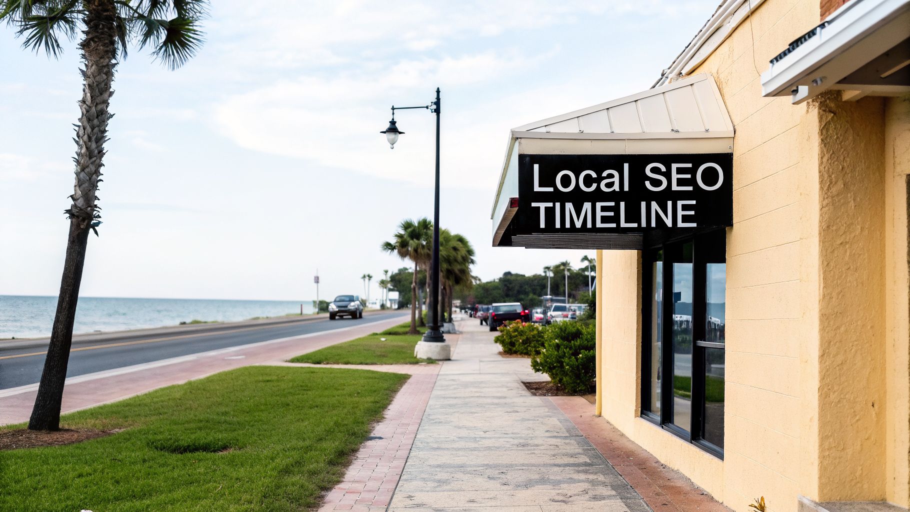 A building with a 'Local SEO TIMELINE' sign next to a street with cars and ocean in the background, featuring a palm tree.