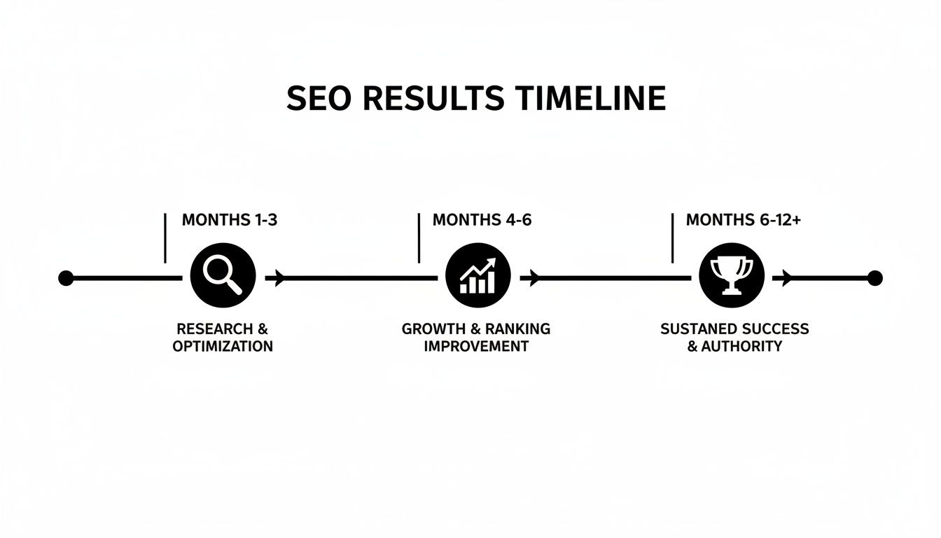 SEO results timeline showing phases: Research & Optimization, Growth & Ranking Improvement, Sustained Success & Authority.