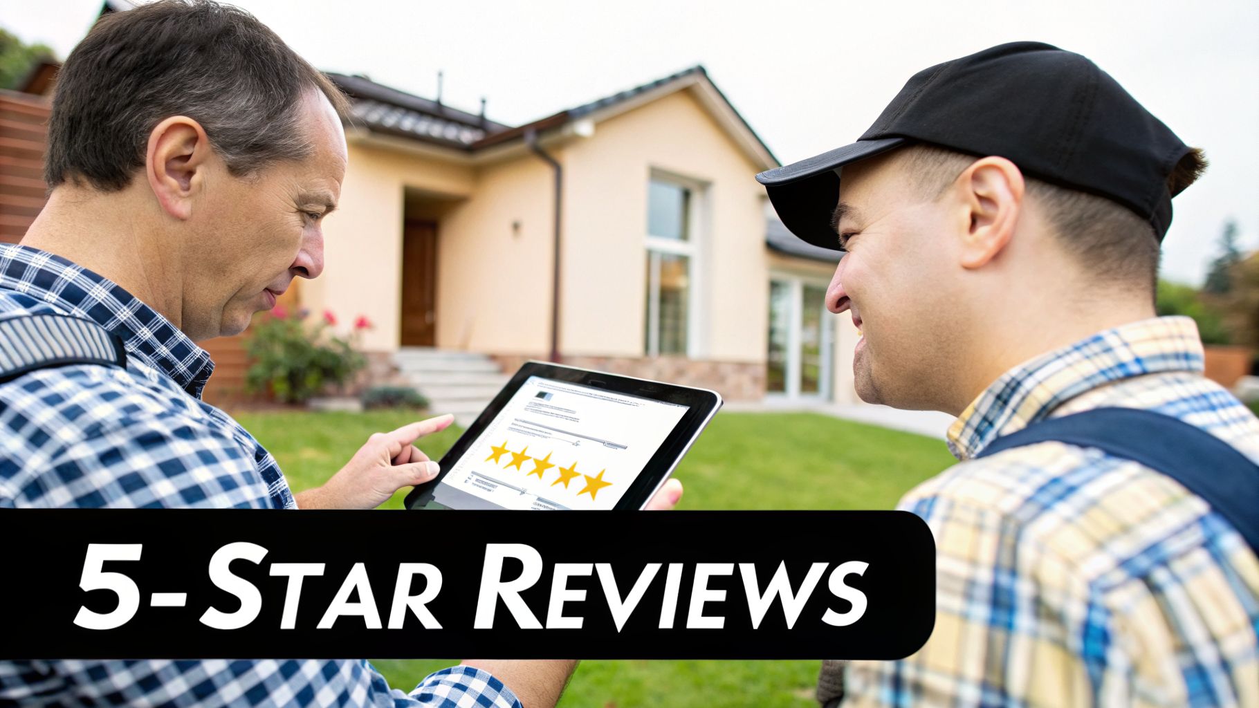 Two men viewing a 5-star customer feedback on a tablet outside a house.