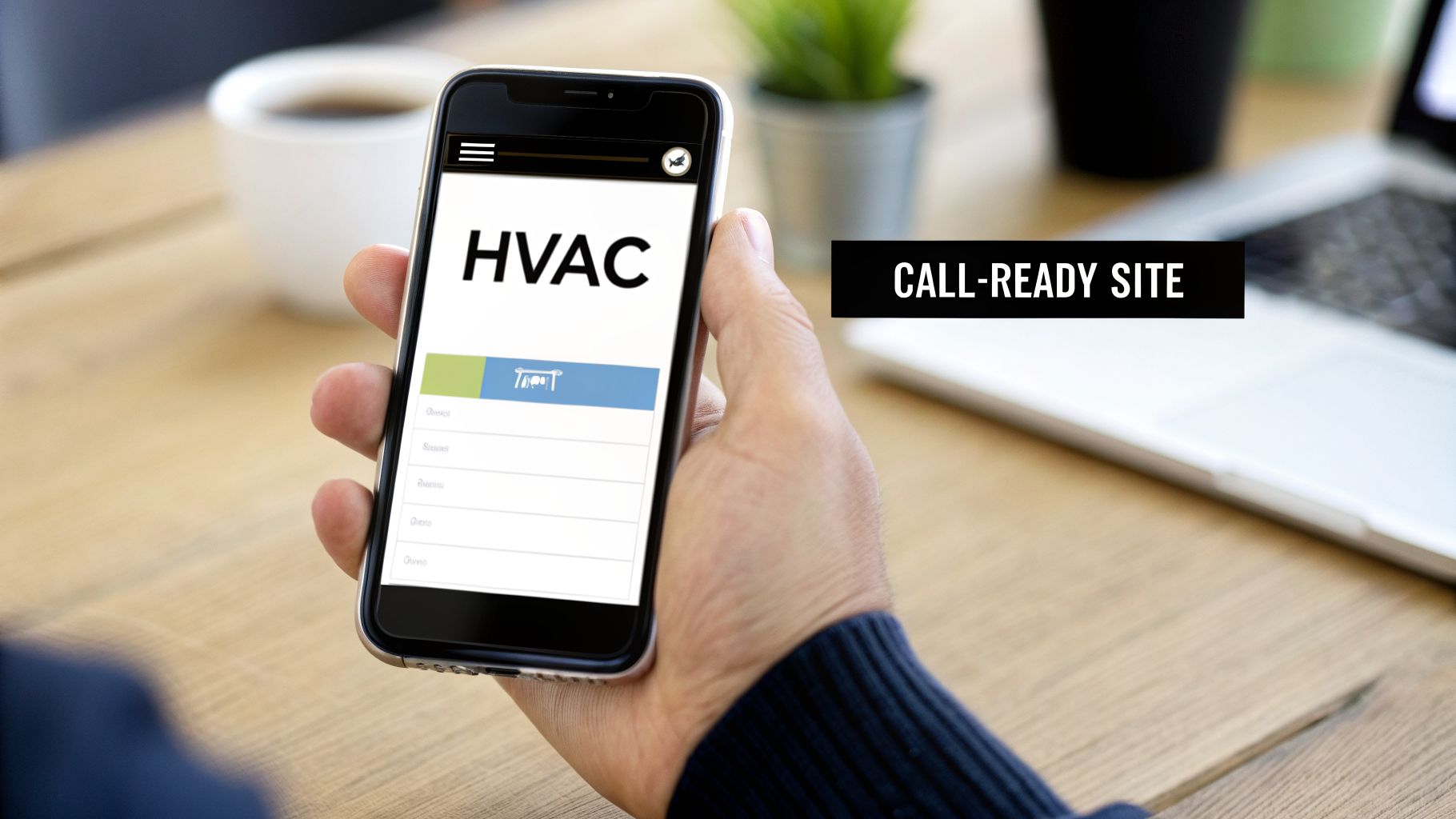 Hand holding a smartphone displaying an HVAC website with a call-ready site banner on a wooden desk.