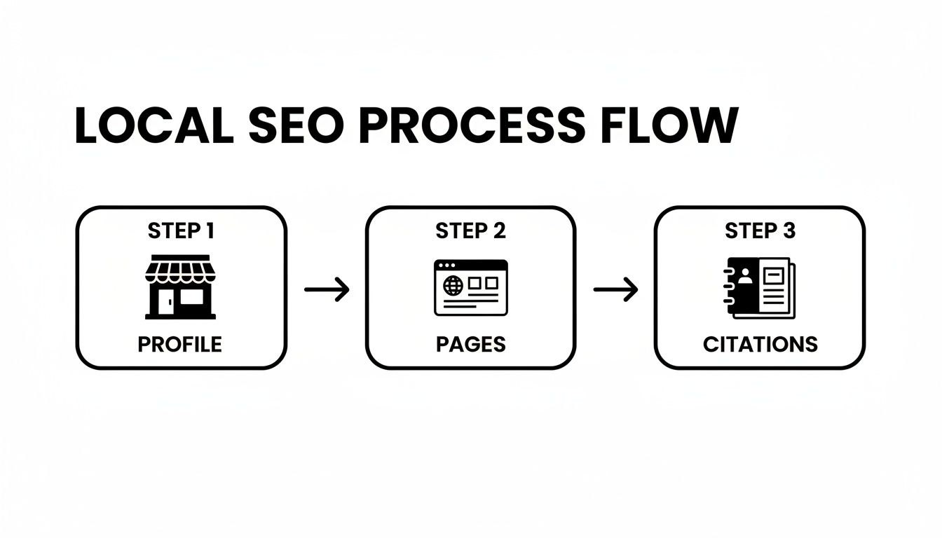 Local SEO process flow showing three steps: profile optimization, website pages, and citations.