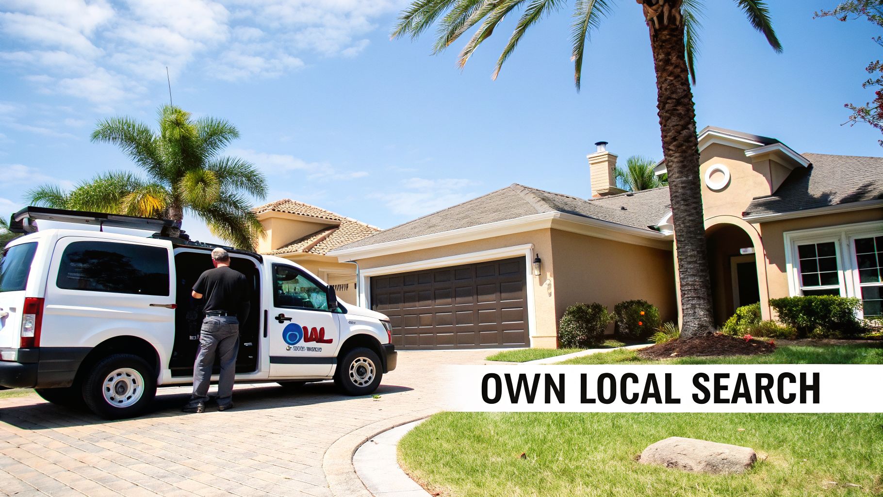 A service technician stands by a white van with an OWL logo on a driveway in front of a house.