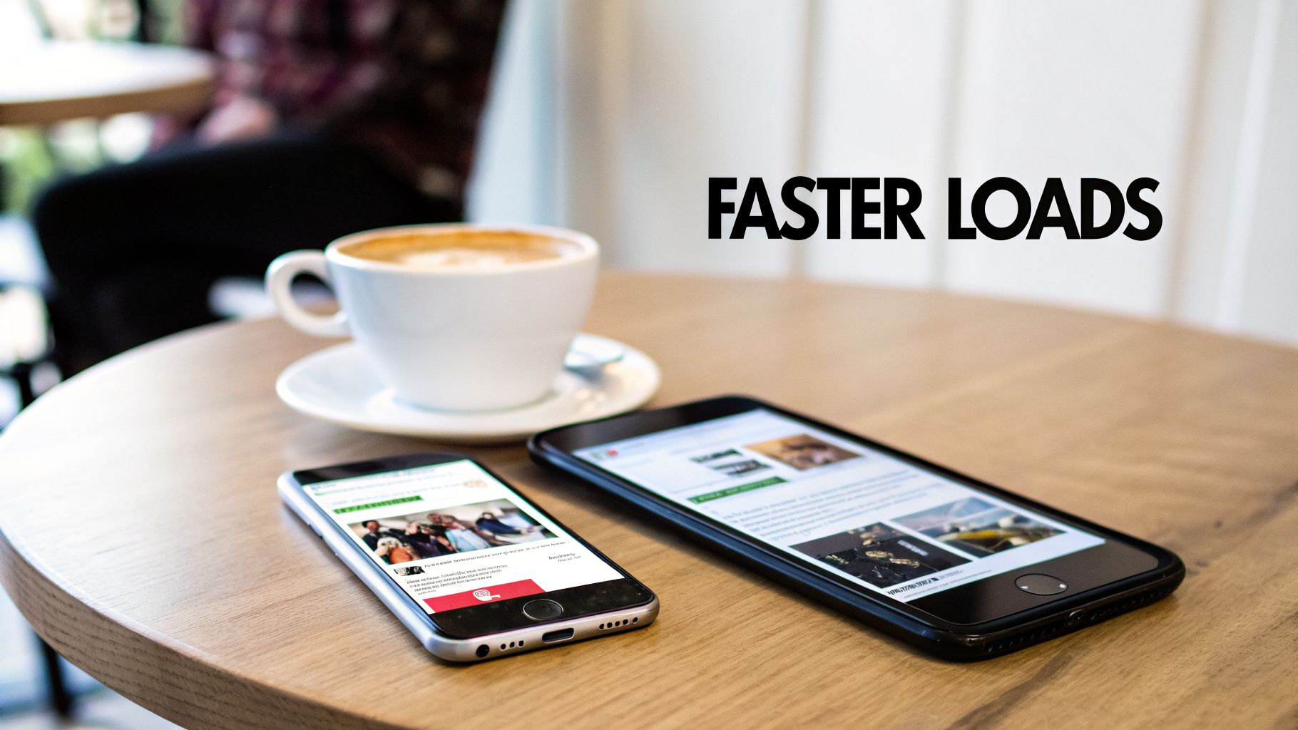 Smartphones on a wooden table with coffee, showing faster web page loads and optimization.