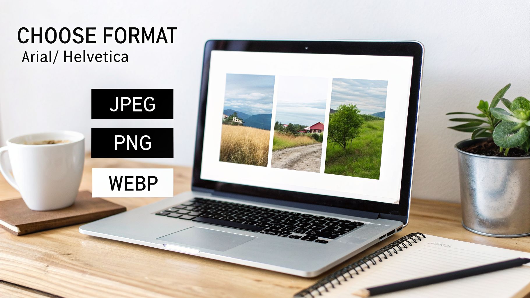 A laptop displaying three landscape images, with text options for image formats: JPEG, PNG, WEBP, and a coffee mug.