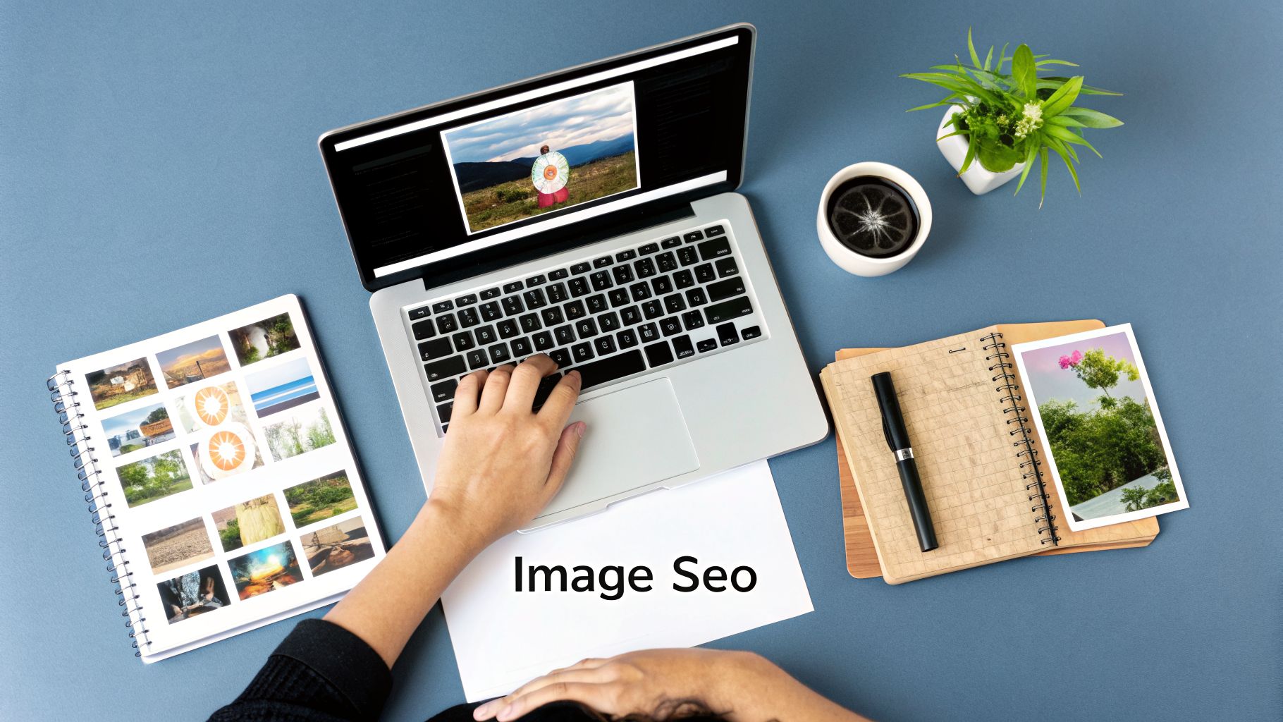 Person optimizing images on a laptop with multiple photo albums, a plant, and coffee on a blue desk.