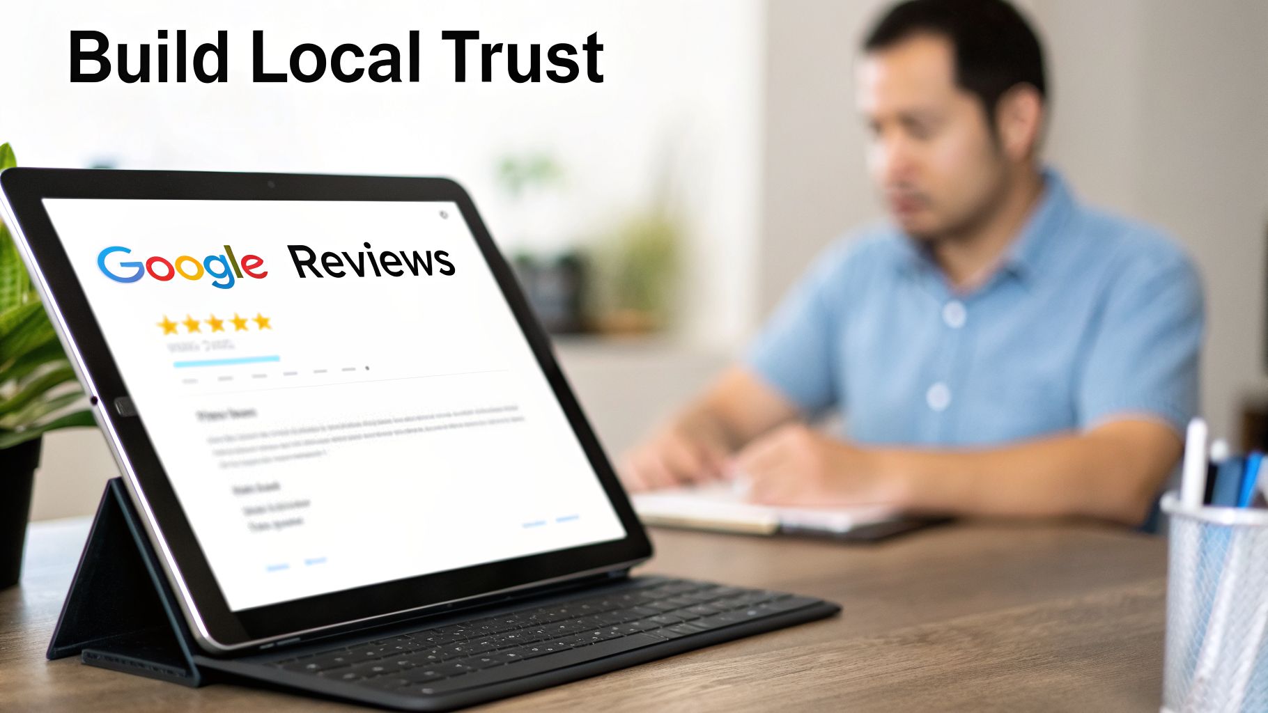 A tablet displaying Google Reviews with a 5-star rating, promoting local trust, on a desk.