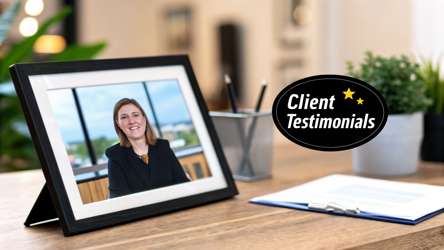 A framed photo of a smiling professional woman on a desk, next to a 'Client Testimonials' graphic.