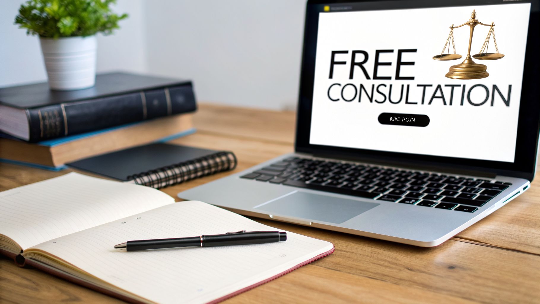 A laptop displaying 'FREE CONSULTATION' with a scale of justice on a desk alongside books and a notebook.