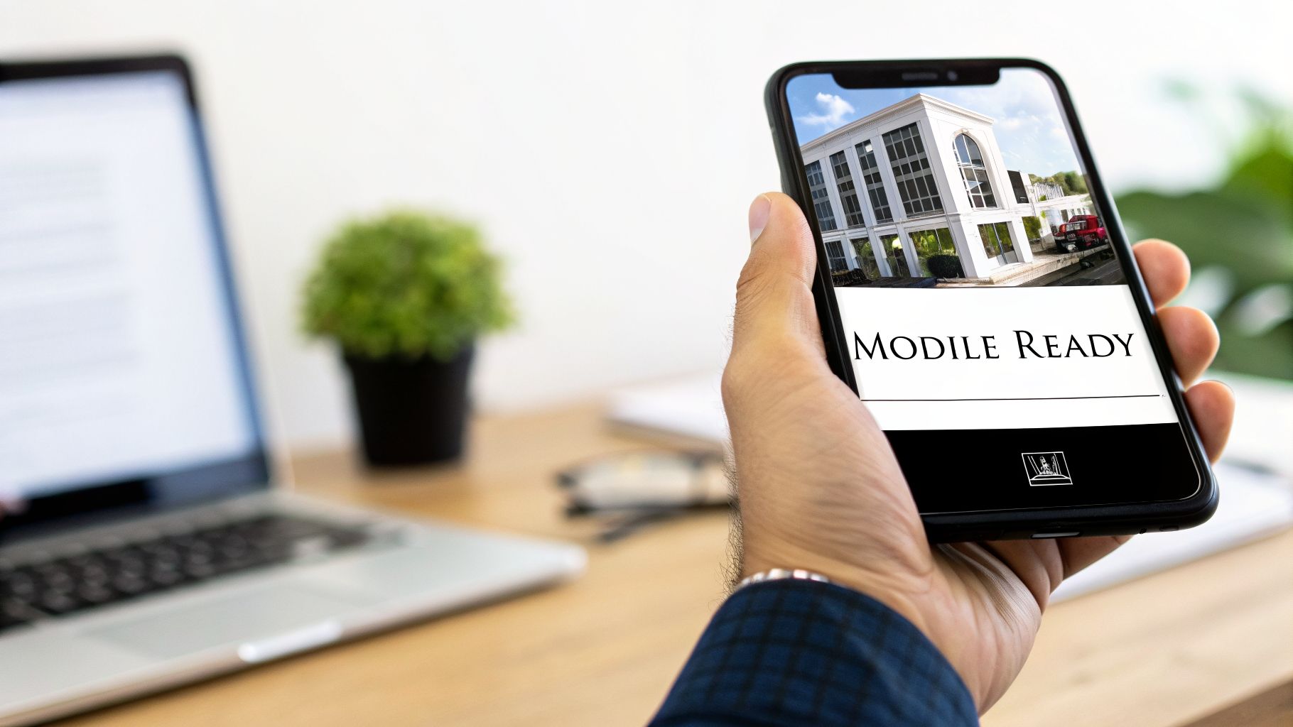 A hand holds a smartphone displaying a modern building and 'MOBILE READY' text, with a blurred office background.