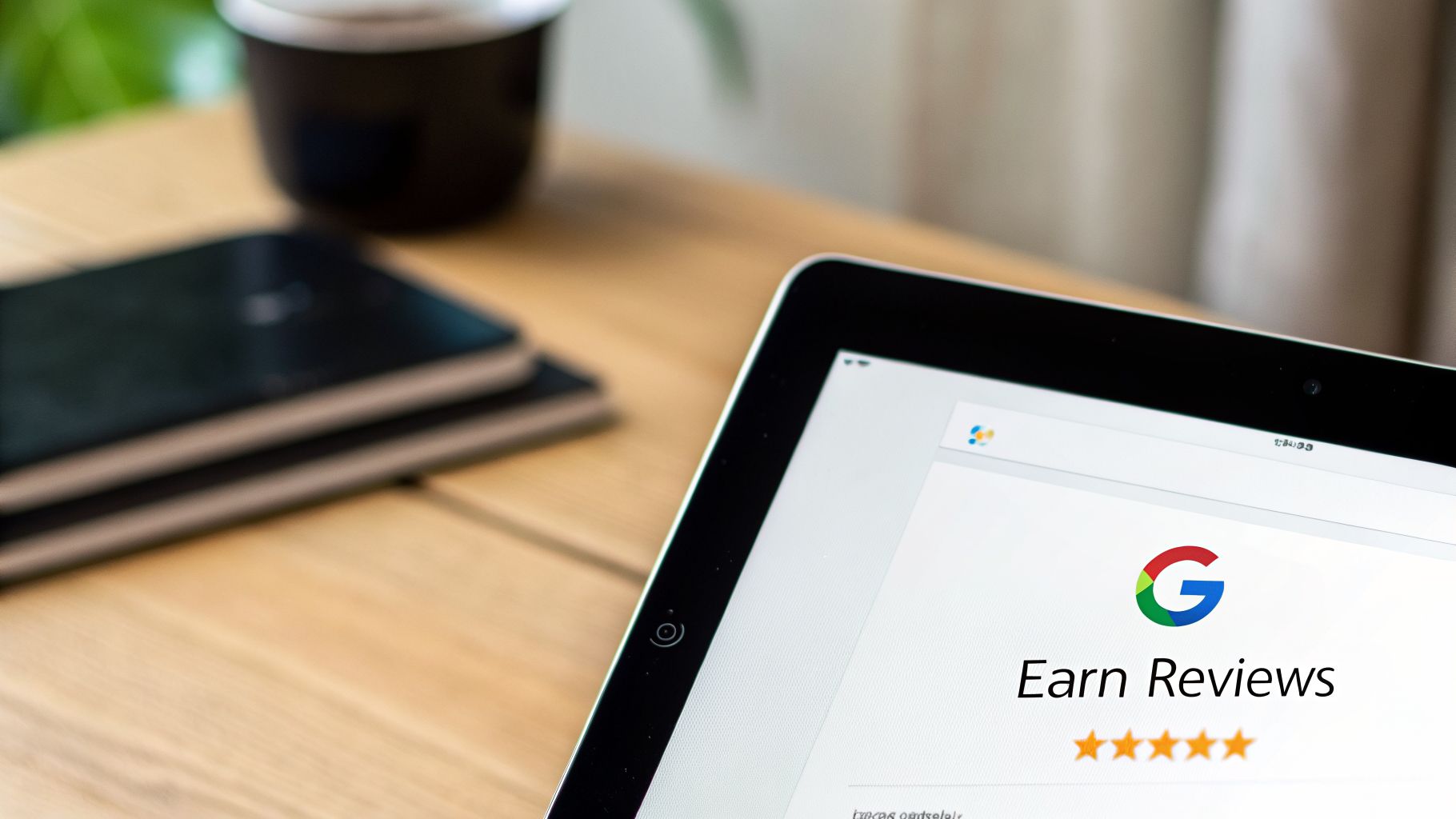 A tablet screen displays a Google logo, 'Earn Reviews,' and five stars on a wooden desk.