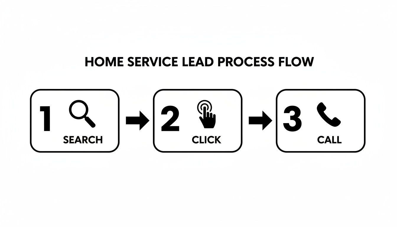 A flow chart illustrating the home service lead generation process through search, click, and call.