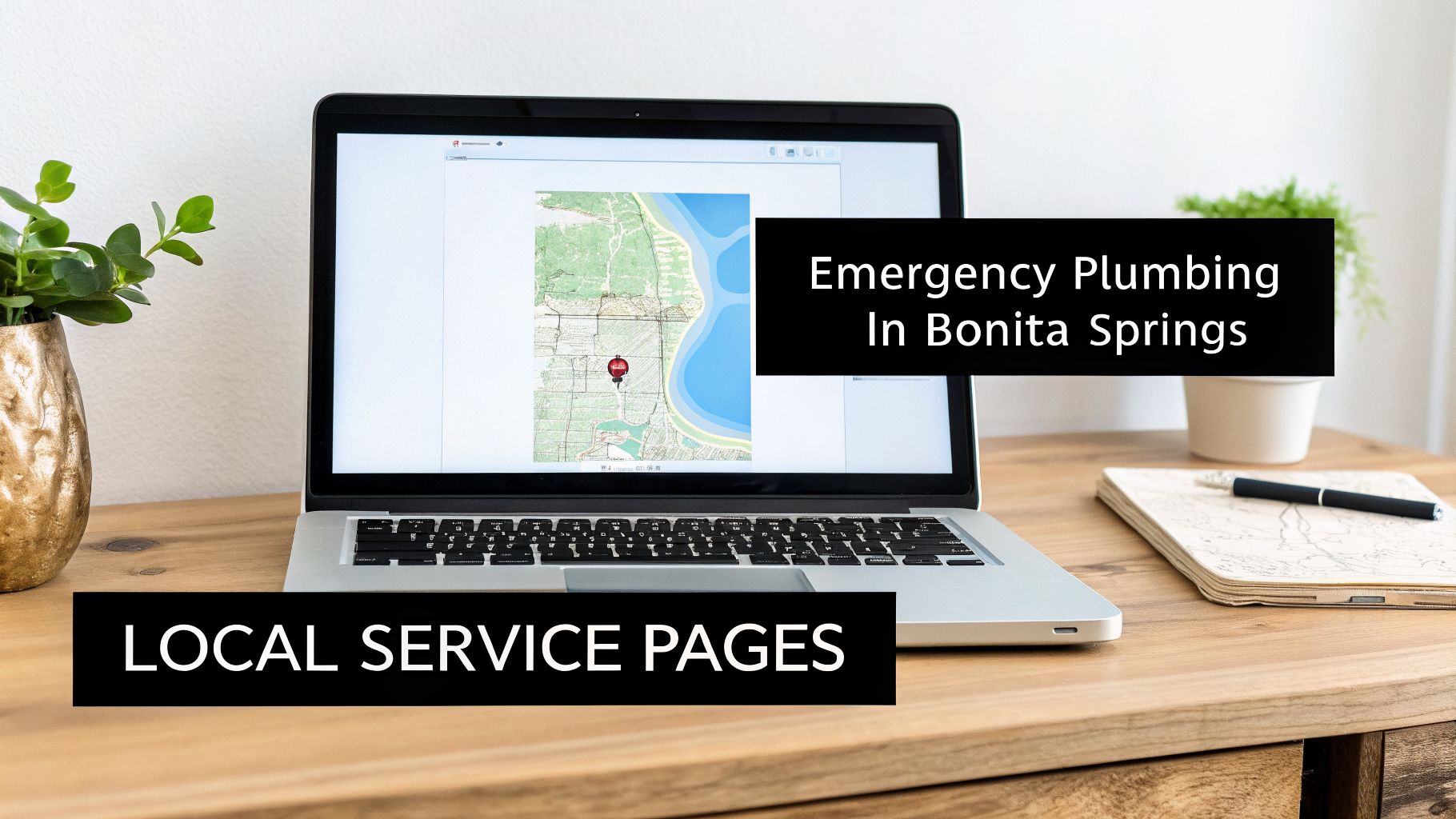 A laptop on a wooden desk displays a map, alongside text about emergency plumbing and local service pages.