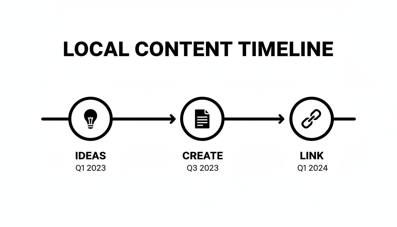 A local content timeline showing three stages: Ideas (Q1 2023), Create (Q3 2023), and Link (Q1 2024).