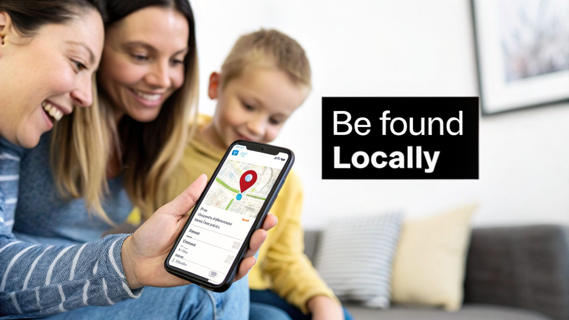 Smiling women and a child looking at a smartphone displaying a map and local search results.