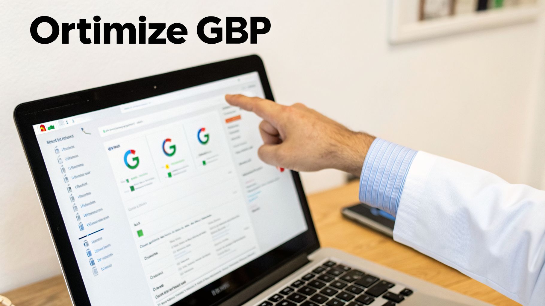 Person pointing at laptop screen displaying Google Business Profile dashboard with 'Ortimize GBP' text, optimizing local SEO.