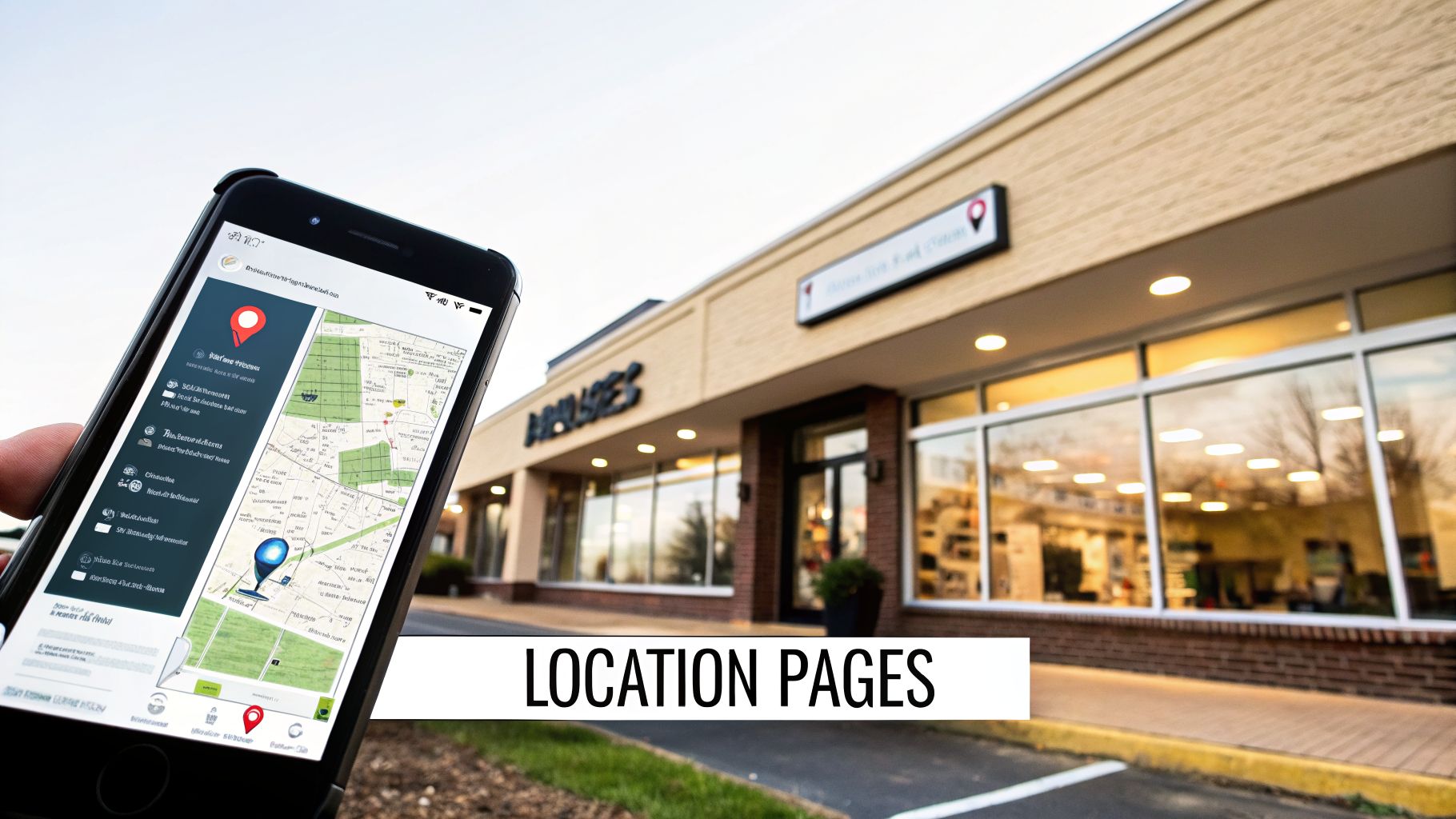 A hand holds a smartphone displaying a location map app with store pins, in front of a commercial building.