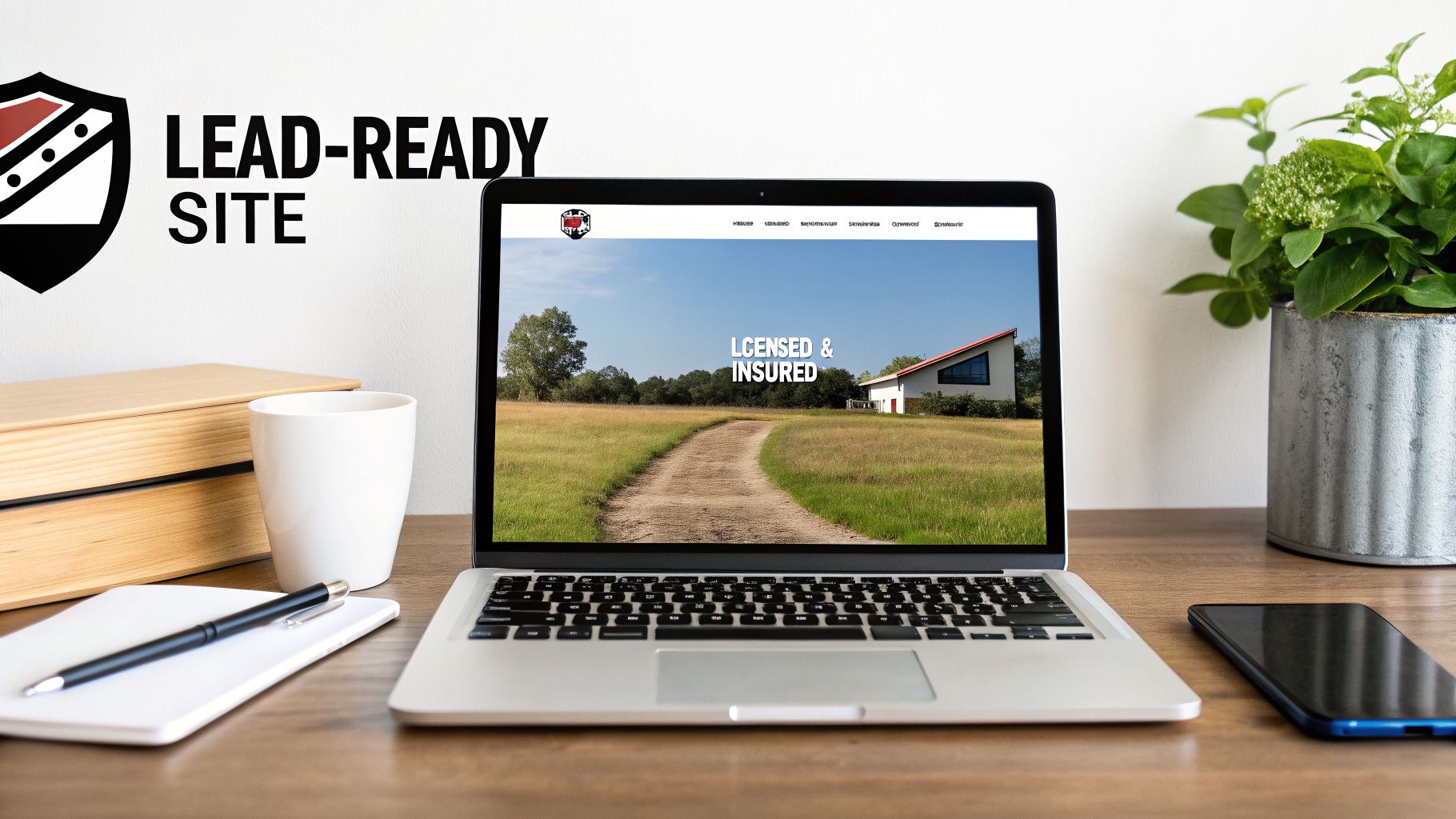 Laptop on a wooden desk displaying a 'Licensed & Insured' website, promoting 'Lead-Ready Site' services.