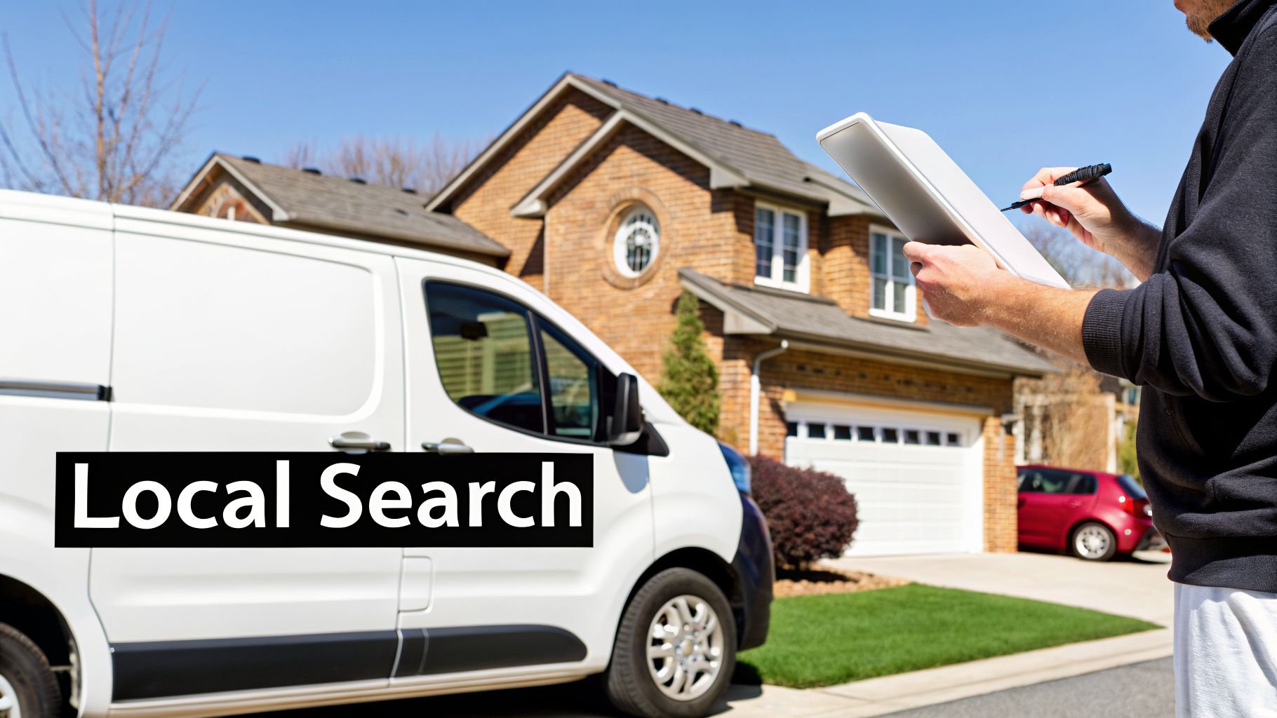 A service person in front of a white delivery van outside a brick house, signing a document. Overlaid text says 'Local Search'.