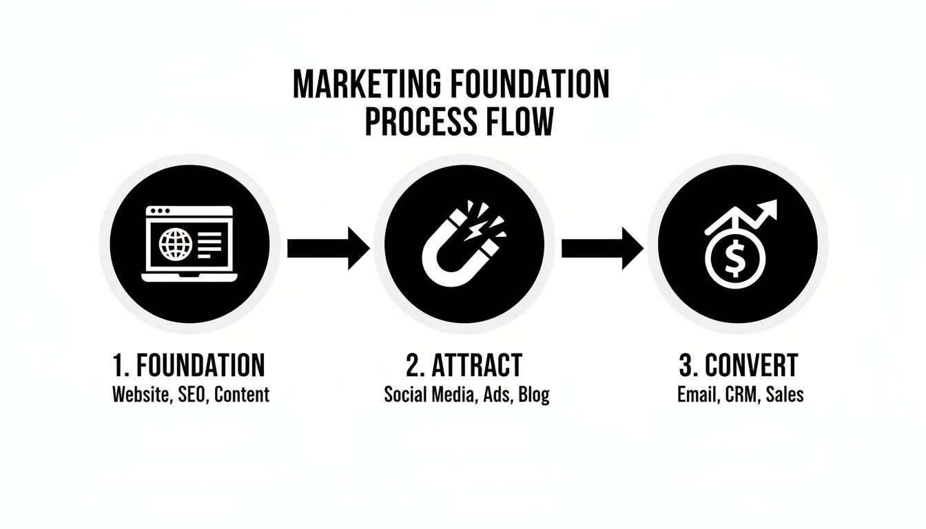 A marketing foundation process flow diagram with three steps: Foundation, Attract, and Convert.