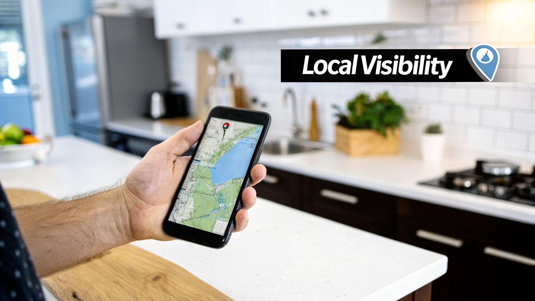 A hand holds a smartphone displaying a map with a red pin, set against a modern kitchen.
