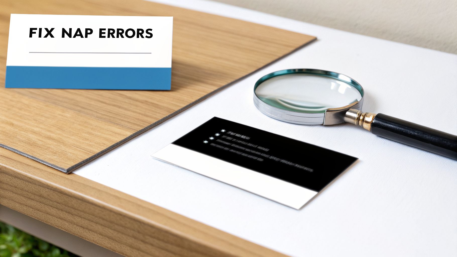 A white card showing 'FIX NAP ERRORS' sits on a wooden surface next to a magnifying glass and a black business card.
