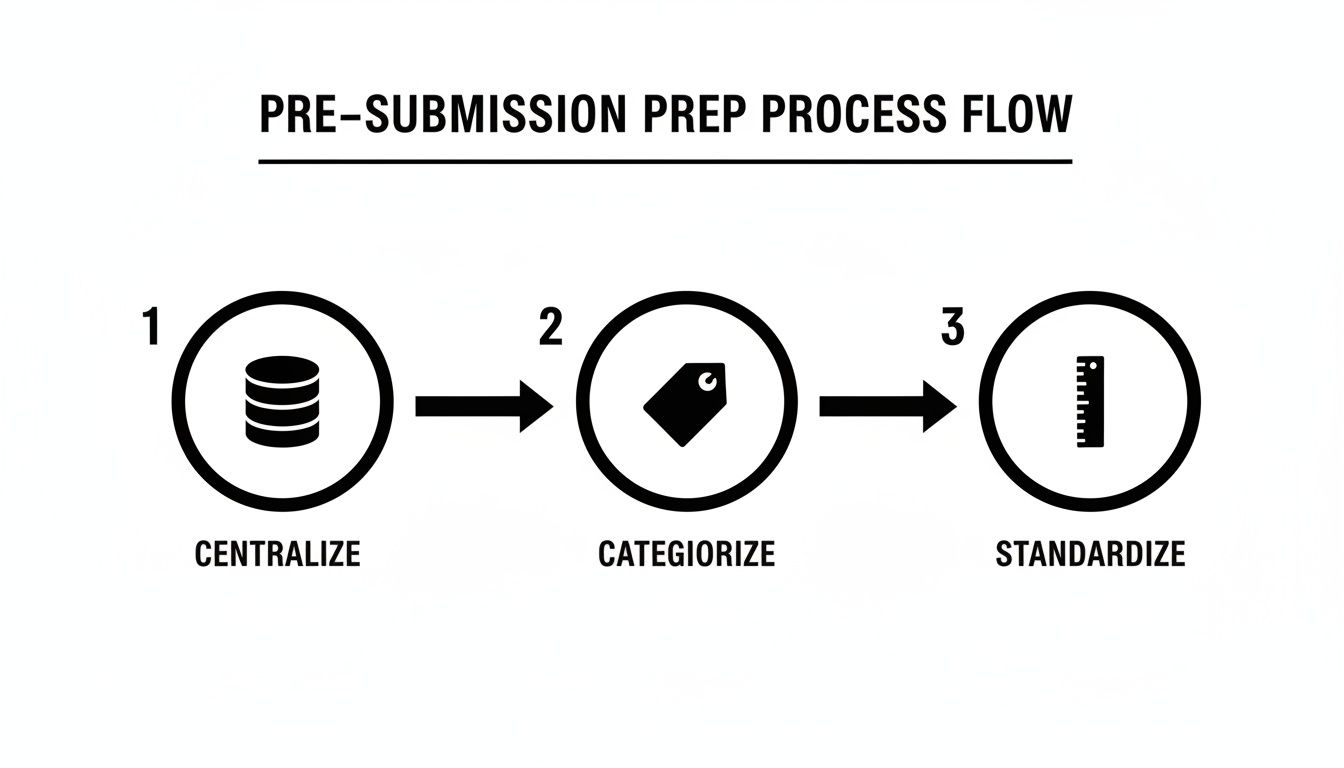 A clear process flow outlines pre-submission preparation steps: centralize, categorize, and standardize data.