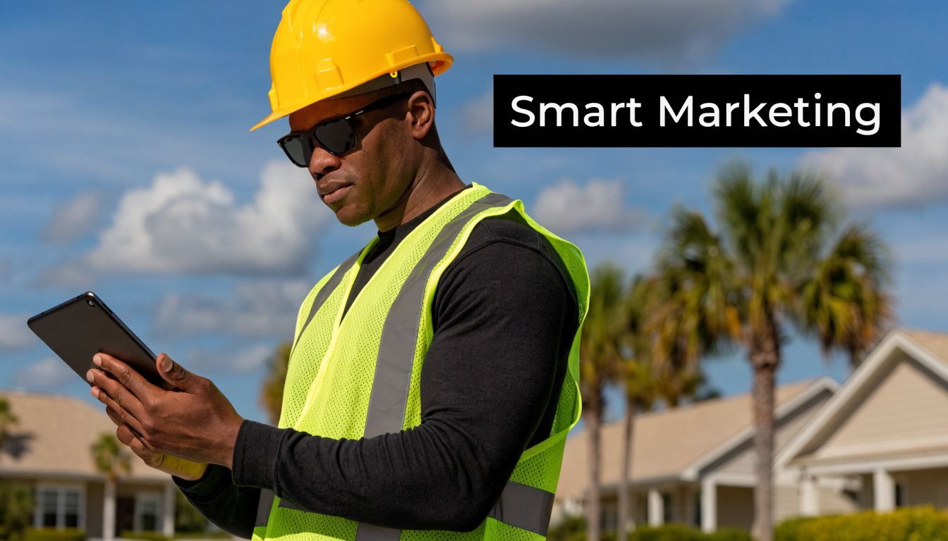 A construction supervisor in a hard hat and safety vest reviewing plans on a digital tablet.