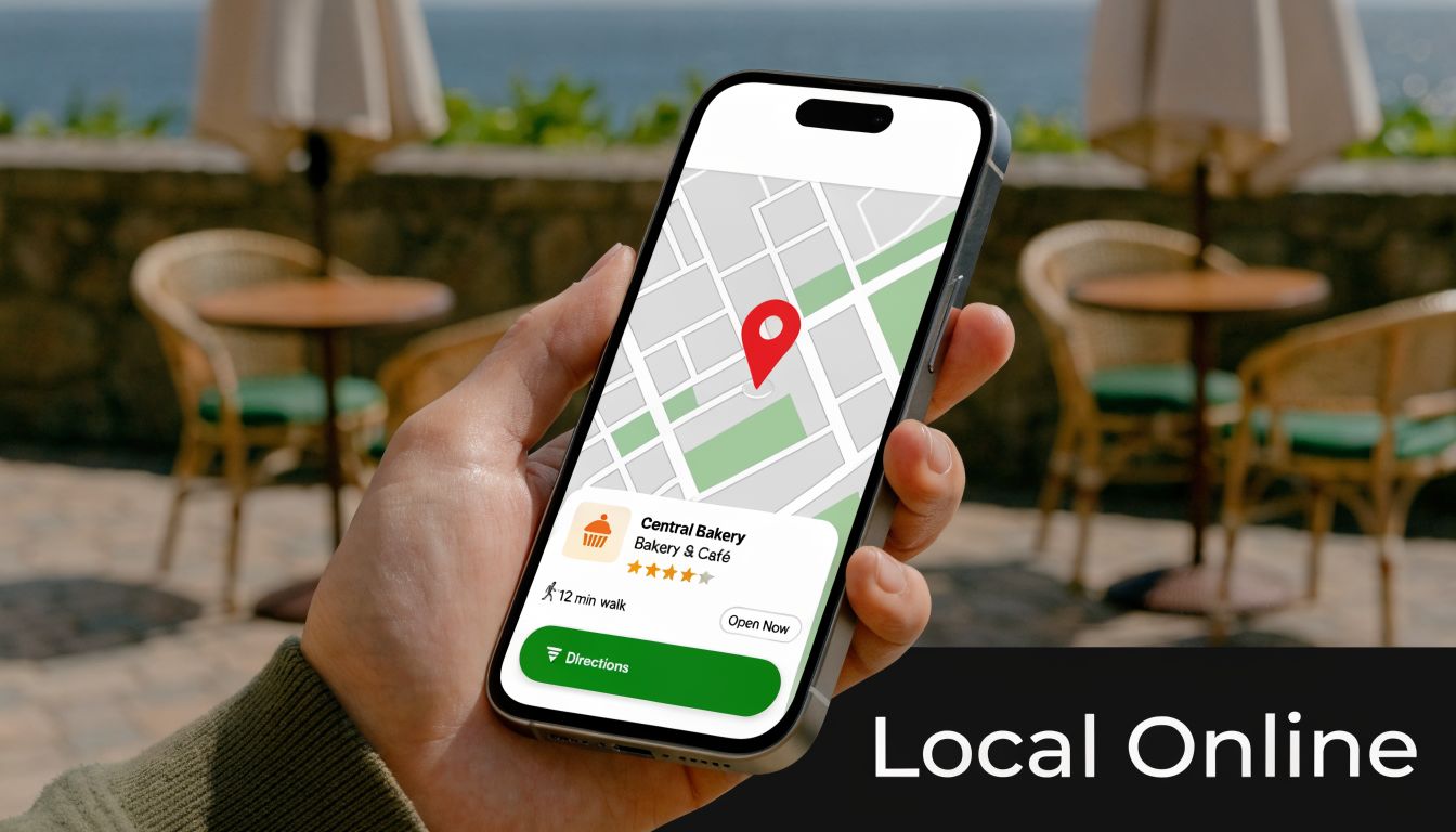 A person holding a smartphone displaying a map and business listing for Central Bakery and Cafe.