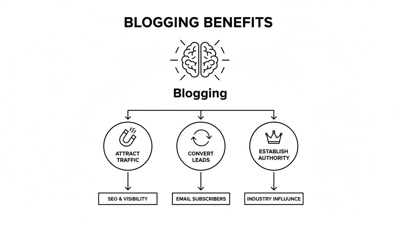 Flowchart outlining blogging benefits: attract traffic, convert leads, and establish industry influence through SEO.