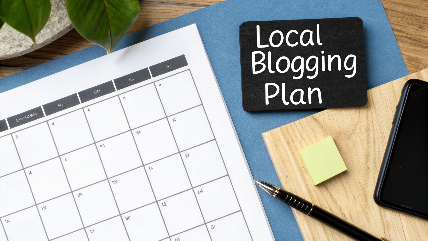 Desk flat lay with a calendar, plant, pen, phone, and blackboard showing 'Local Blogging Plan'.