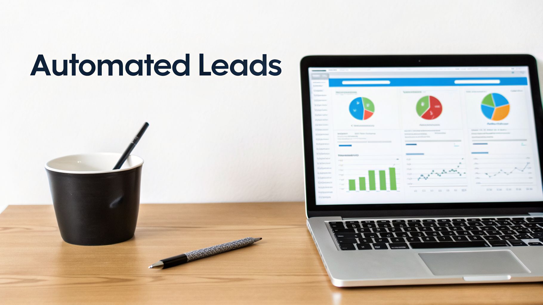 A laptop displays business analytics with charts and graphs, alongside a cup of pens on a wooden desk. Text: Automated Leads.