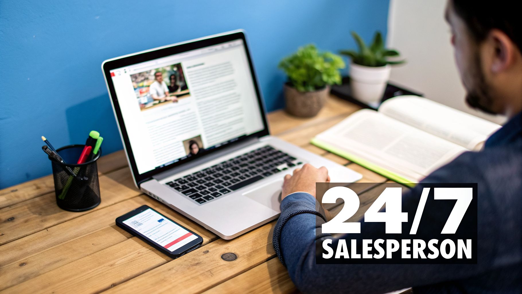 A person works on a laptop at a wooden desk with a smartphone, pens, and a book nearby, suitable for a 24/7 salesperson.