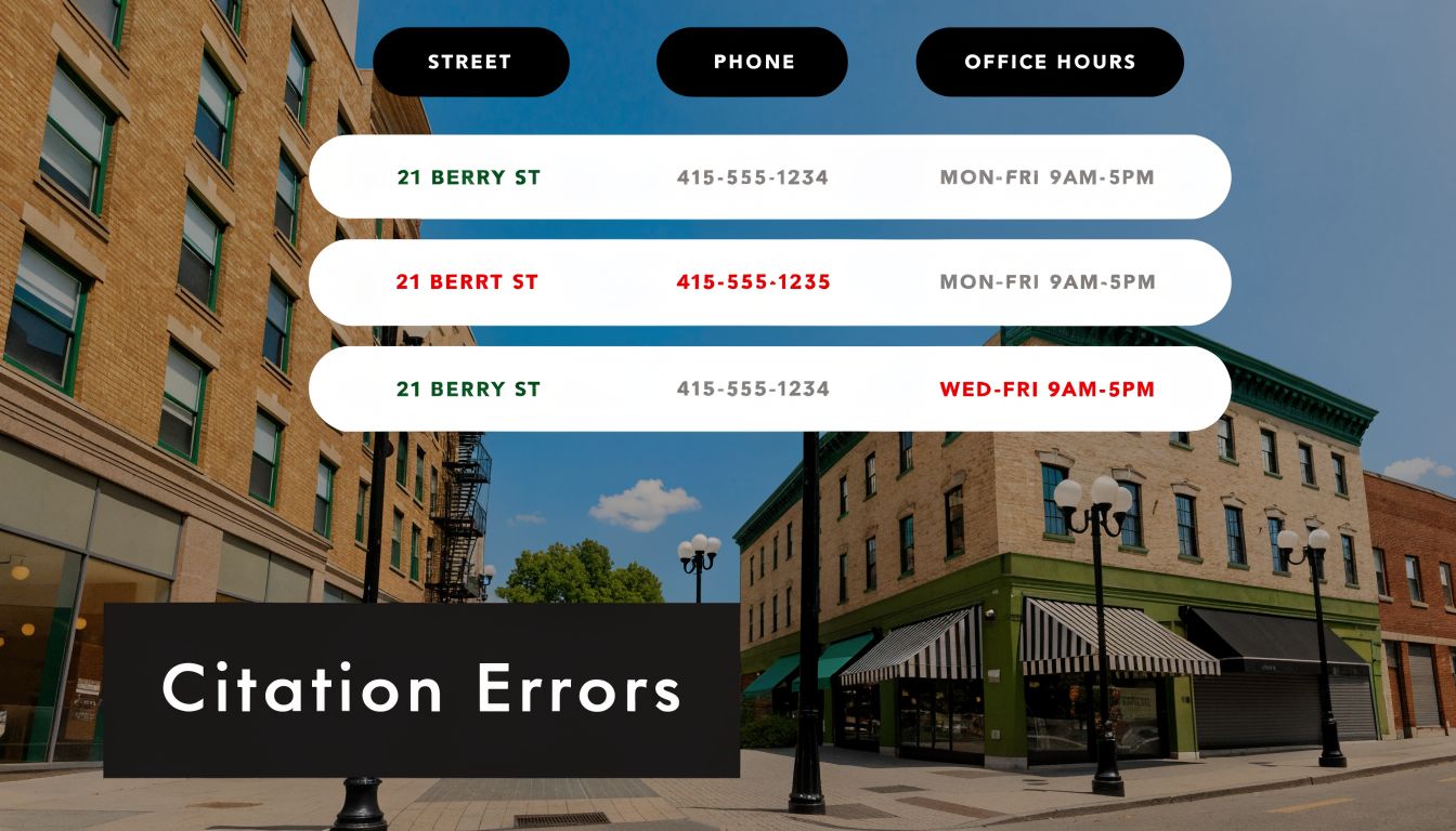 A visual representation of citation errors showing incorrect street names, phone numbers, and business office hours.