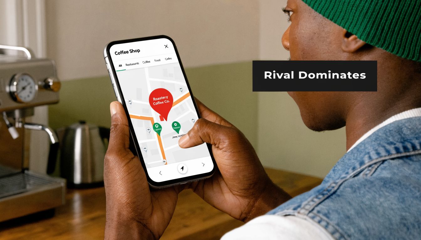 A person holding a smartphone displaying a digital map with location markers for local coffee shops.