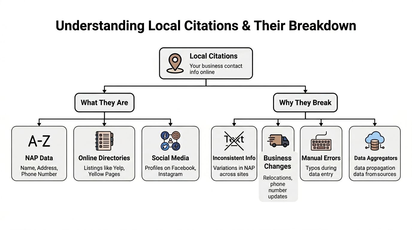 A diagram illustrating what local citations are, why they break, and the key components of business information.