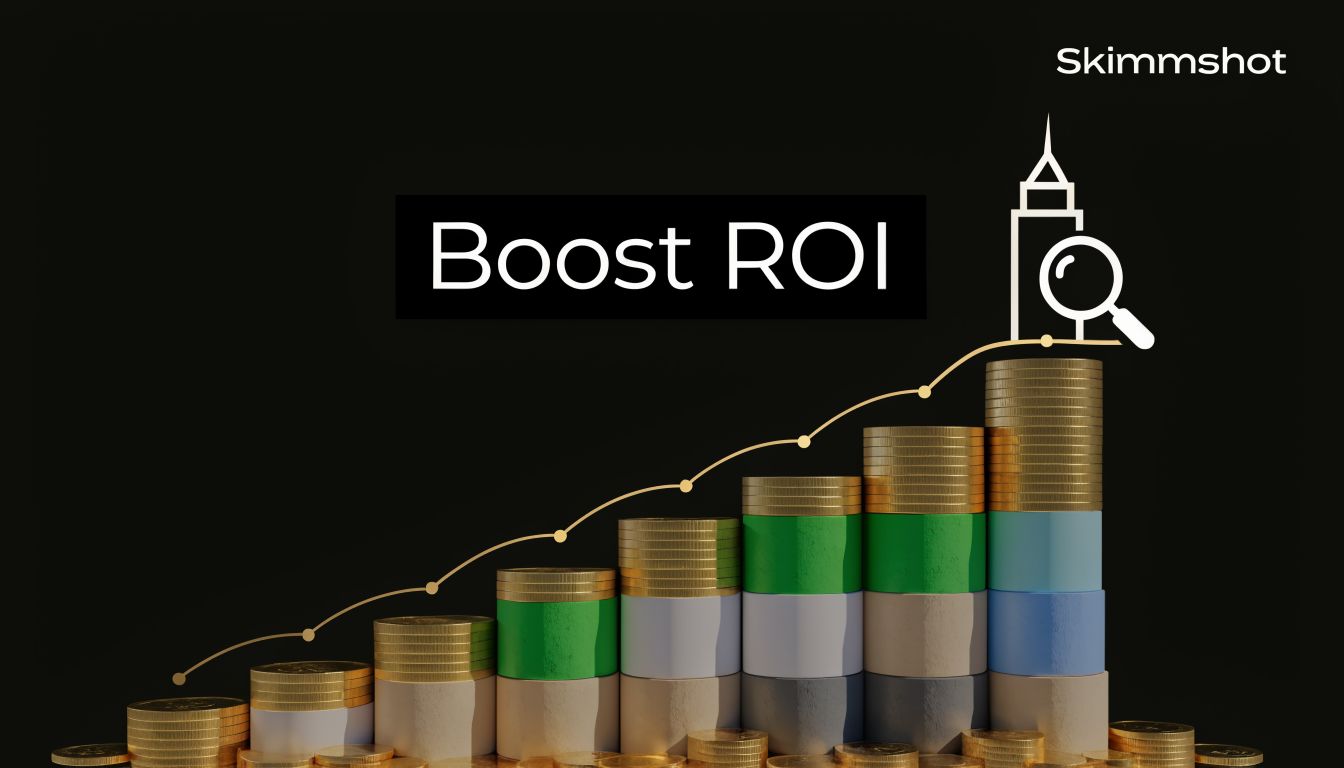 A 3D bar chart made of stacked coins showing an upward growth trend to boost business ROI.