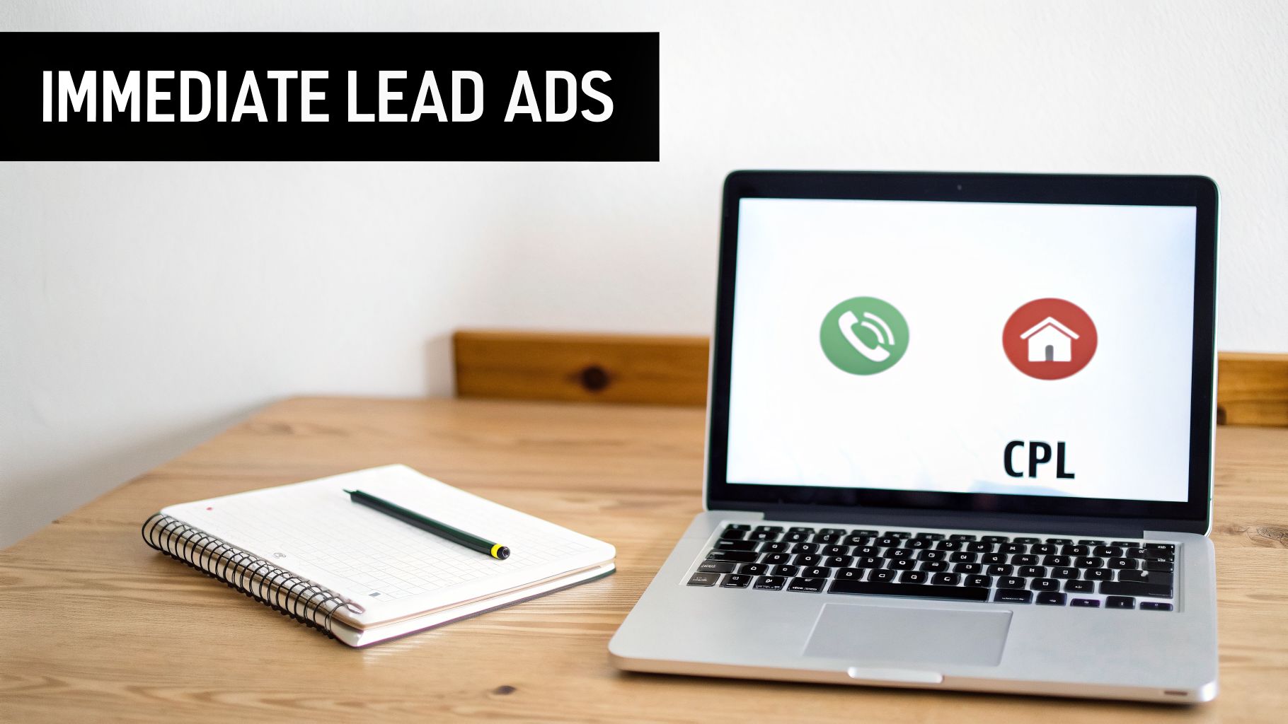 Laptop on a wooden desk with a notebook, pencil, and a banner reading 'IMMEDIATE LEAD ADS'.