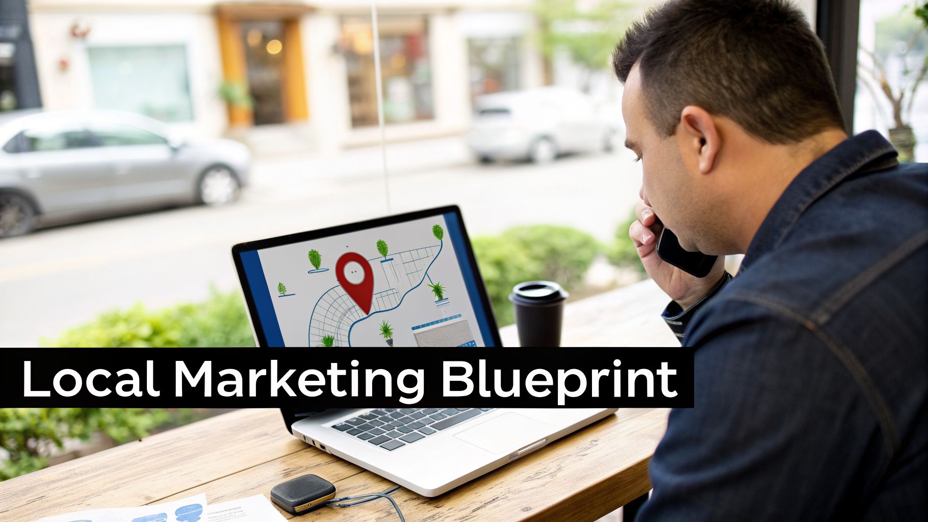Man reviews 'Local Marketing Blueprint' on laptop, showing a map with a prominent location pin.