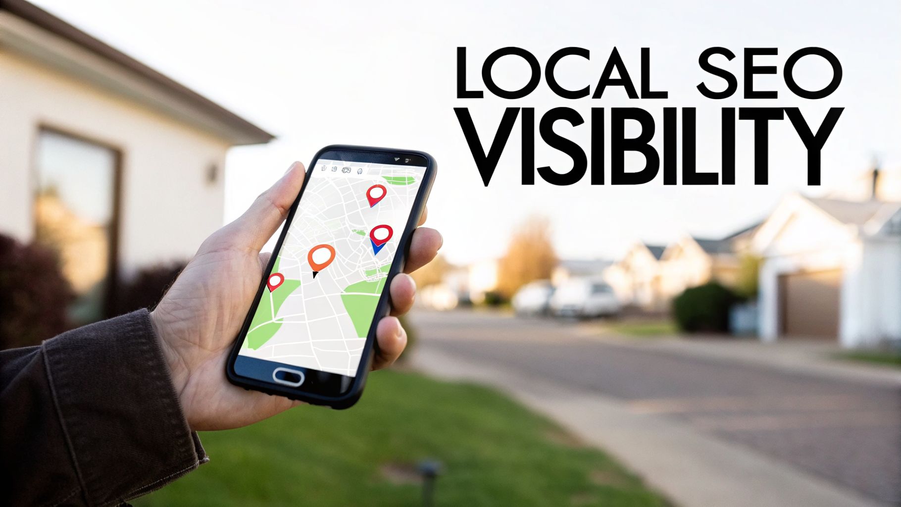 A hand holds a smartphone displaying a map with multiple location pins, illustrating local SEO visibility.